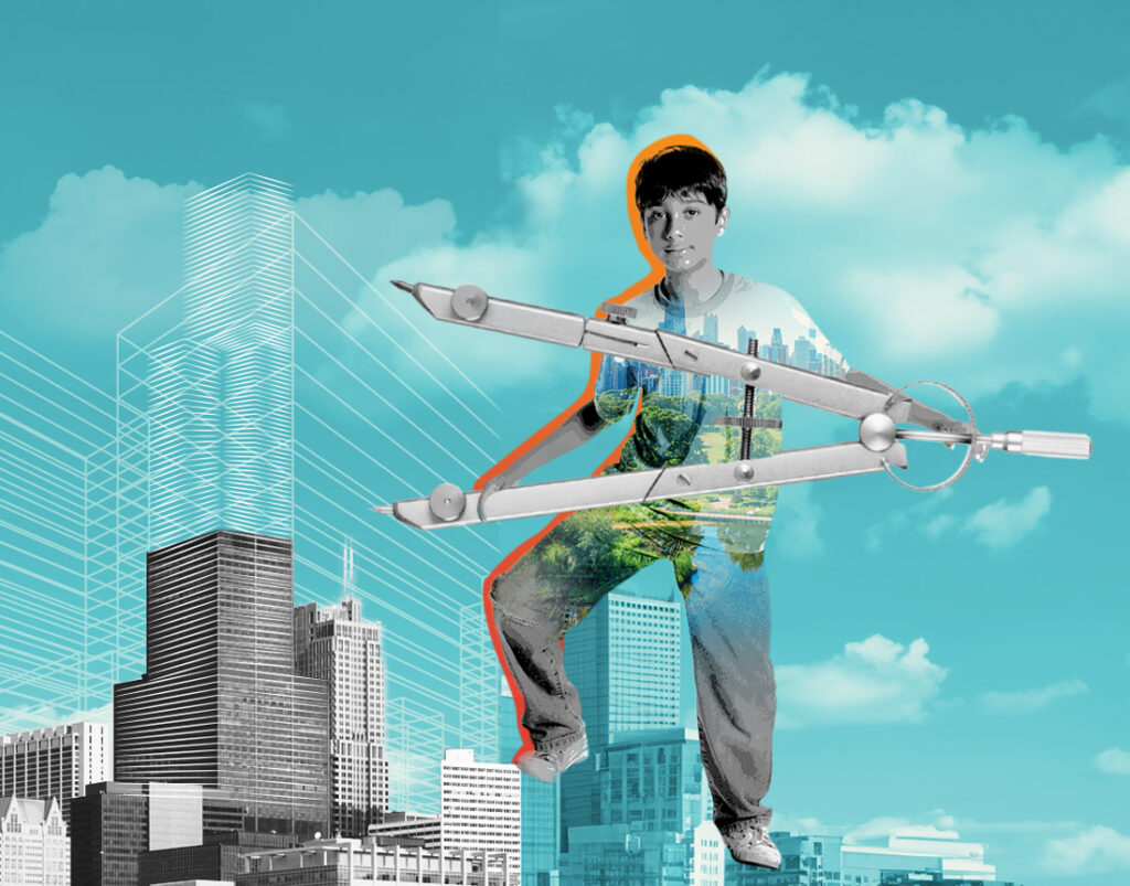 Collage of a boy holding a large compass in front of a black-and-white cityscape, with a blue sky and geometric skyscraper outlines.