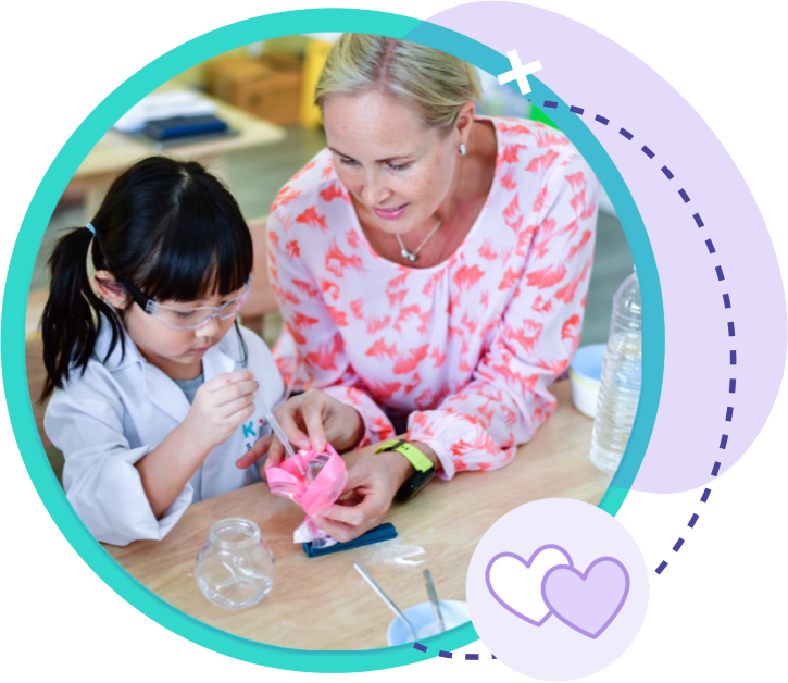 An adult guiding a child in a lab coat performing a science experiment, embodying Kide Science's mission of inspiring curious investigators.