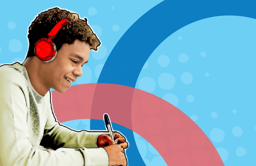 Young student in red headphones smiles while writing, set against a colorful background with blue and red arcs and circular patterns.